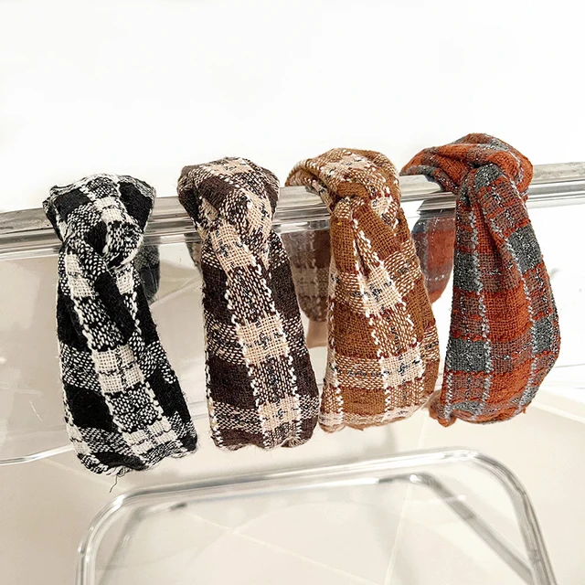 Vintage Checked Fabric Brown Headbands Non-slip Knitting Twist Hair Accessories for Girls Durable Simple Retro Knot Hairbands