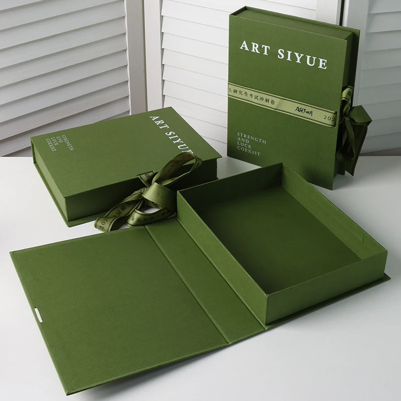 luxury designs custom logo book green paper cardboard gift box packaging with ribbon manufacture