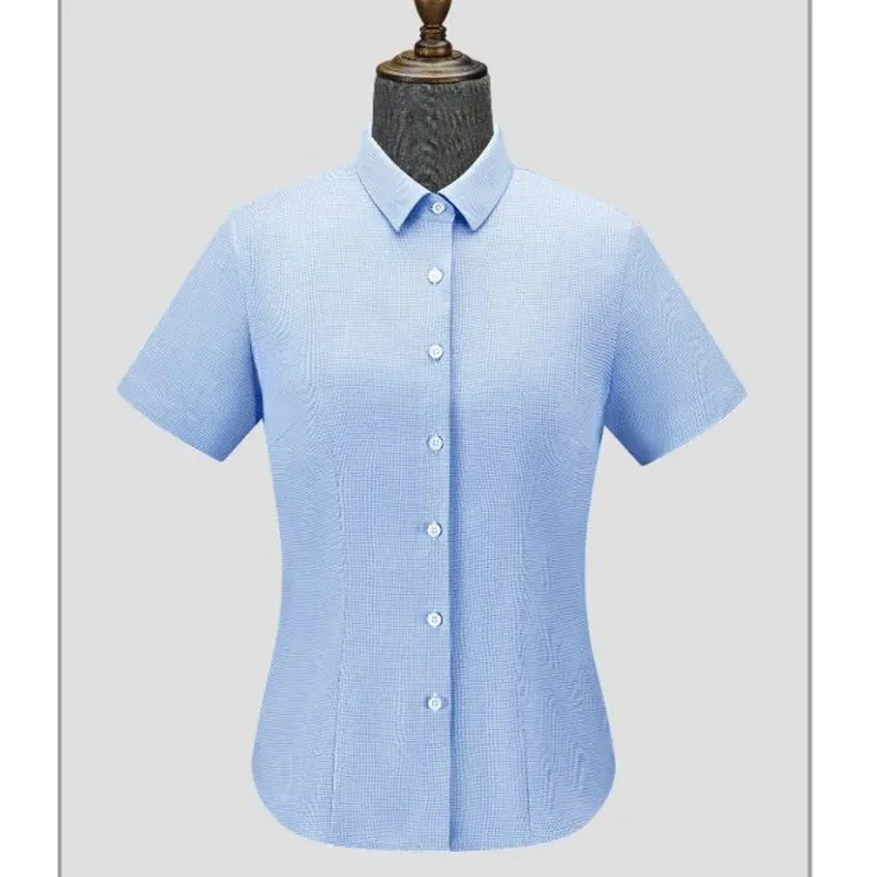 Hot Selling Summer Woman Working Office V Neck Blue Formal Blouse Solid Anti-Wrinkle Polyester Silk Workwear Uniform Shirts supplier