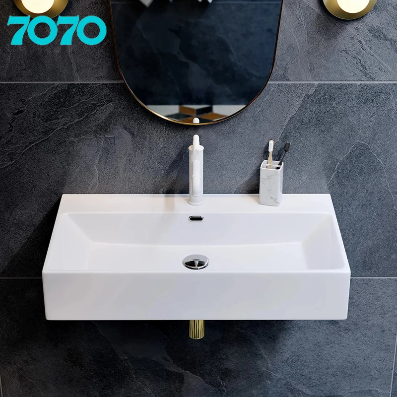Mini Modern Rectangular Bathroom Vessel Sink Wall-Hung Ceramic Hand Wash Basin with Single-Hole Faucet Mount
