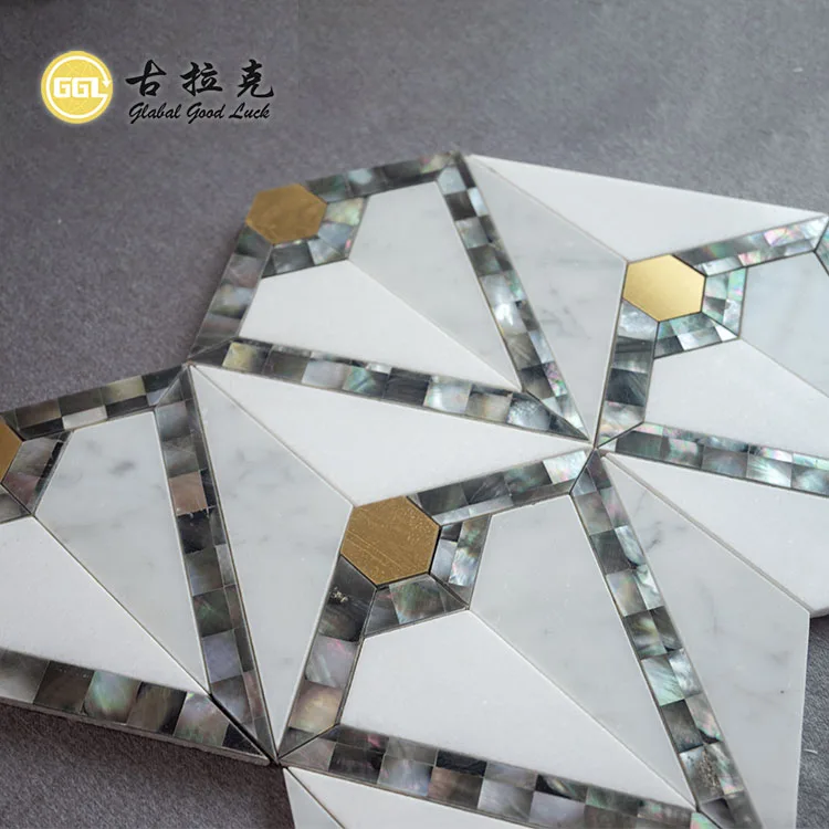 Black Lip Shell Mix White Marble and Brass Mosaic Tiles Waterjet Mosaic Tiles 300*300 mm Sheet supplier