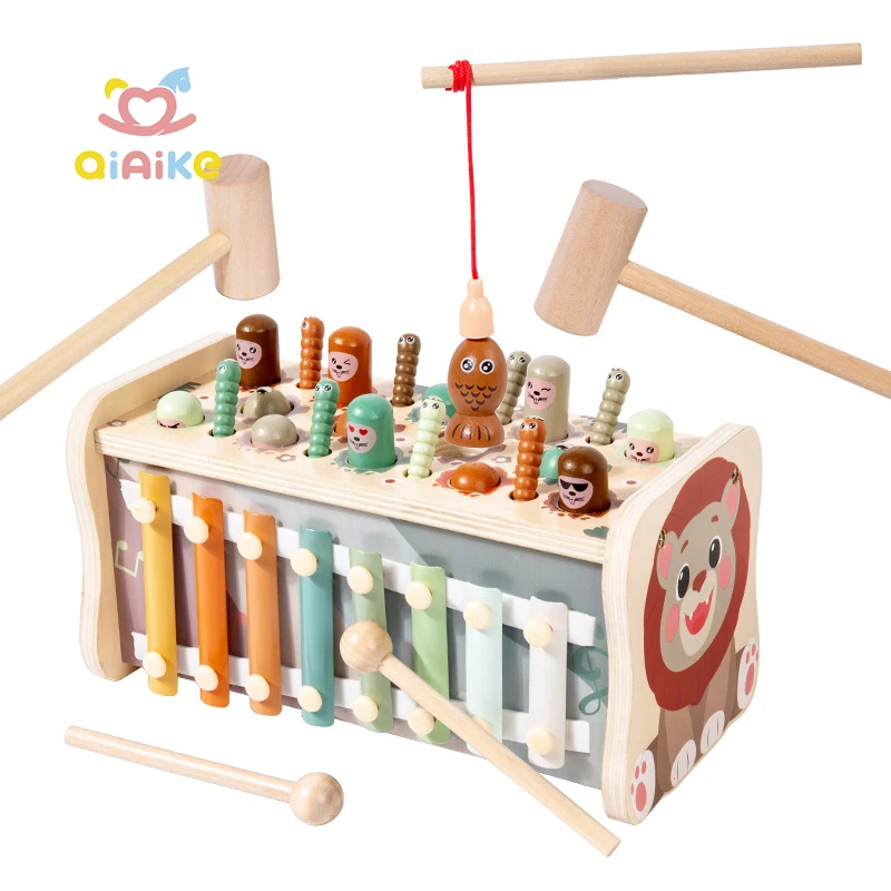 لعبة خشبية لضرب الفئران (Whack-A-Mole) وفق منهج مونتيسوري للتعليم المبكر، لعبة لحديثي المشي بعمر سنة إلى ٣ سنوات تتضمّن مطرقة وآلة إيقاع (كسيلوفون) ولعبة صيد السمك.