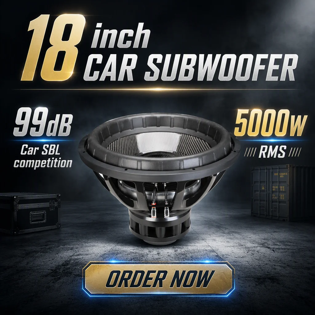 Subwoofer de neodimio de 18 pulgadas, 5000 W RMS, desplazamiento máximo (Xmax) de 45 mm, 99 dB SPL, frecuencia de resonancia de 31 Hz, doble bobina móvil de cobre de 4 pulgadas con estructura de aluminio, para competencias automovilísticas y camioneras