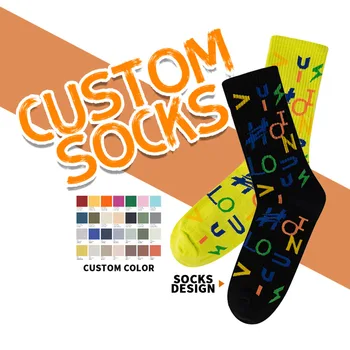 High Quality Custom Design Jacquard Cotton Breathable Crew Letter Ribbed Socks