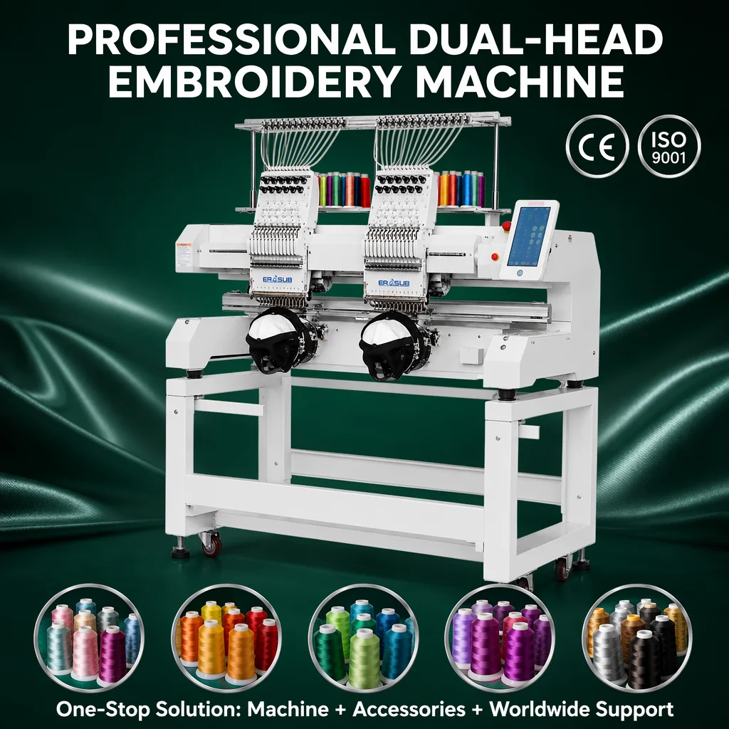 New Smart 2 Head 12 Needle High Speed Computerized Industrial Automatic Embroidery Machine for Cap and T-shirt Flat Embroidery