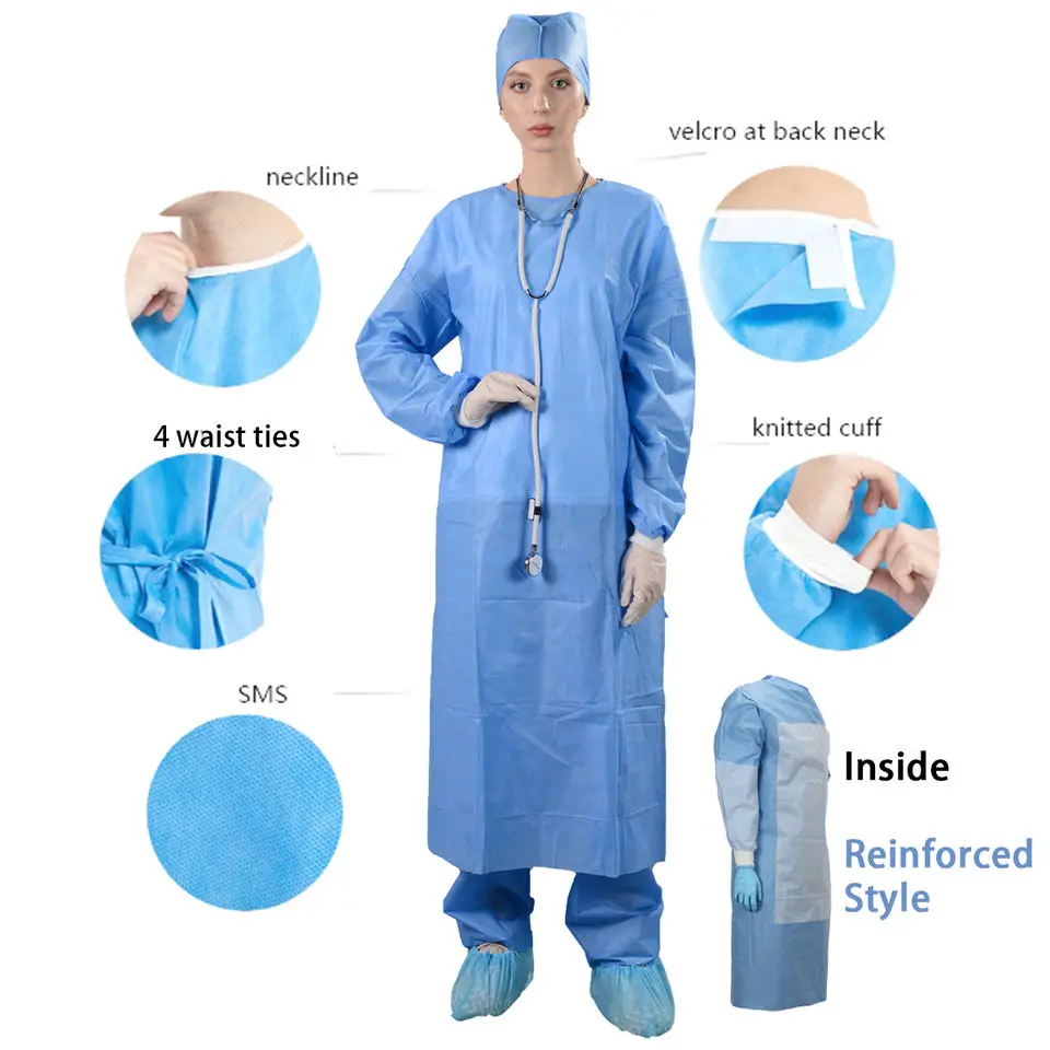 Hot Level 2 Level 3 SMMS Surgery Dental Surgical Disposable Sterile Surgical Gowns with Knit Cuff and Drapes