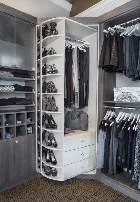 Walk in Wardrobe Closet With Rotating Shoe Rack in Amoires Design