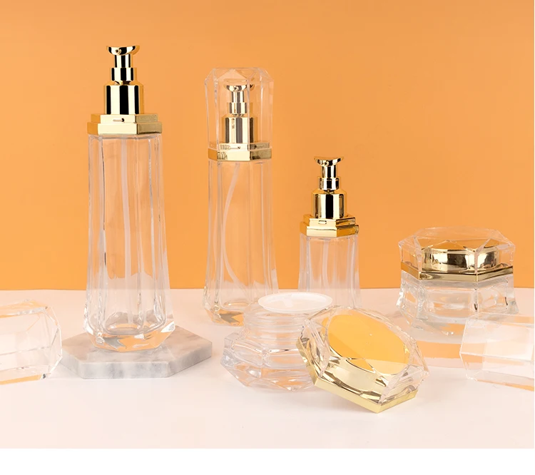 Luxury skincare container 120ml 100ml 40ml 50g 20g empty frosted toner bottle clear glass pump bottle supplier