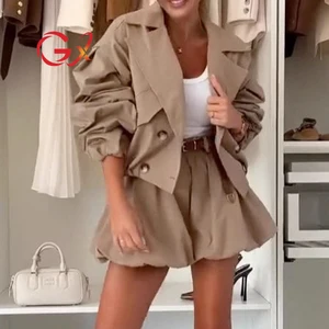 GX0909 Fashion 2026 Fall Women Street Wear Clothing Boutique Long Sleeve Zipper Jacket Tops and Shorts 2 Piece Set Women