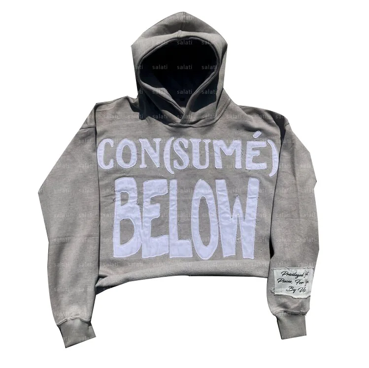 Customized Pullover Acid Wash Raw Hem Sun Faded Cut and Sew Cotton Hoddies Applique Stitch Patch Embroidery Cropped Hoodies Men gallery 11