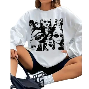 Wholesale Women's portrait Print hoodie -100% polyester casual crew collar long sleeve pullover street sweatshirt