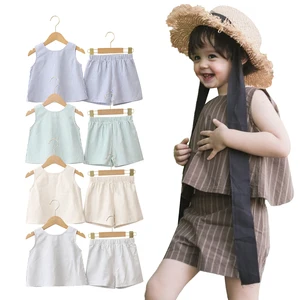 Best Sell Wholesale Infant Summer Suit With Stripe Design and Sleeveless Comfortable Baby Clothing Set