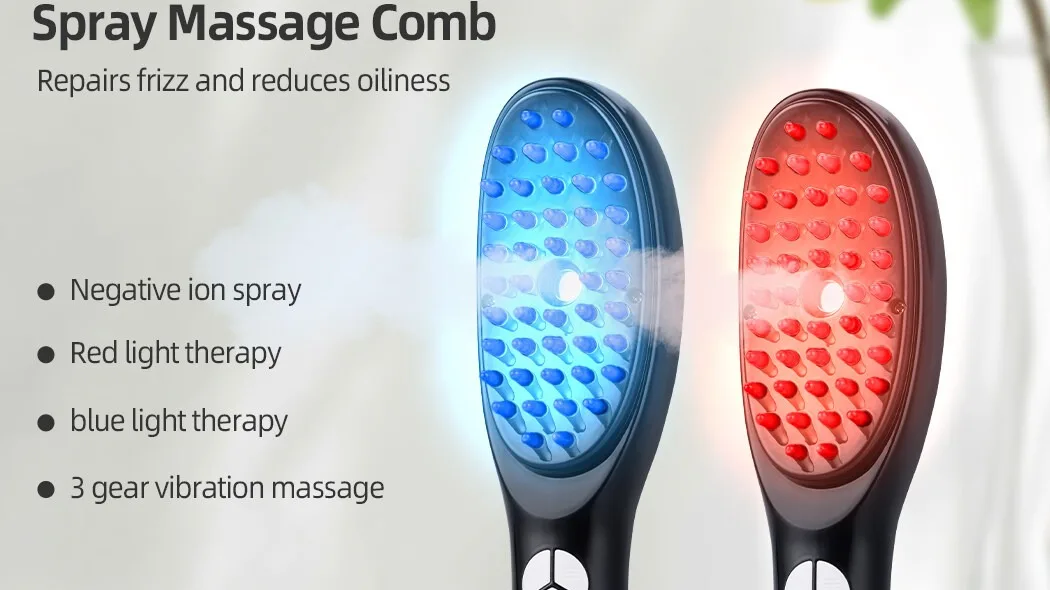 Red Blue Light Therapy Vibration Scalp Massage Brush Negative Ion Spray