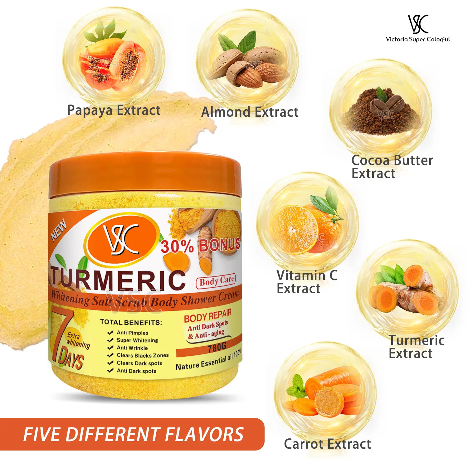 Gommage corporel super blanchissant au sel, crème de douche à la vitamine C, éclaircissant, nettoyant visage, exfoliant, soin de la peau, taches brunes