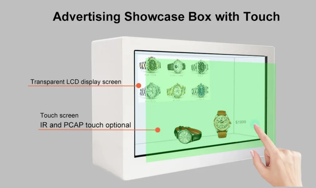 transparent oled screen  15.6 To 86 inch showcase door open front window 3d display  for products display factory