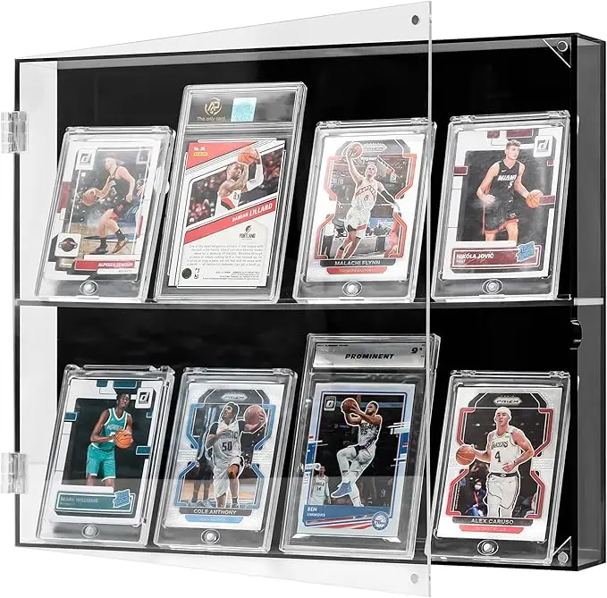Akrylový výstavní kufřík pro sportovní karty s magnetickým víkem a průhledným náhledem, zavěšený na stěnu pro fotbalové, basketbalové a hokejové sběratelské karty