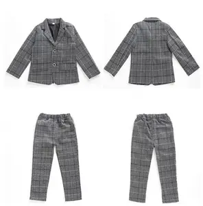 Kids Clothes Boy Gray Cotton Clothing Long Sleeves Buttons Up Formal Two Piece Sets With Plaid