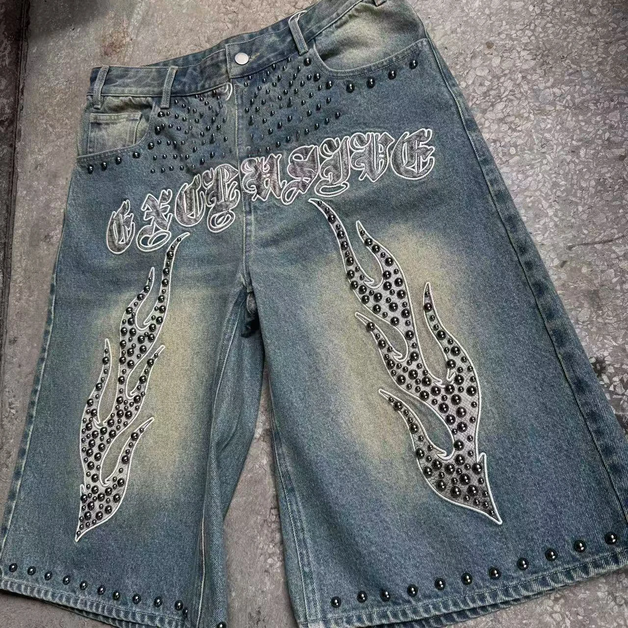 High Heavy Quality Jorts Rhinestones Distressed Summer Streetwear Denim Shorts for Men Custom Men's Baggy Denim Shorts gallery 2