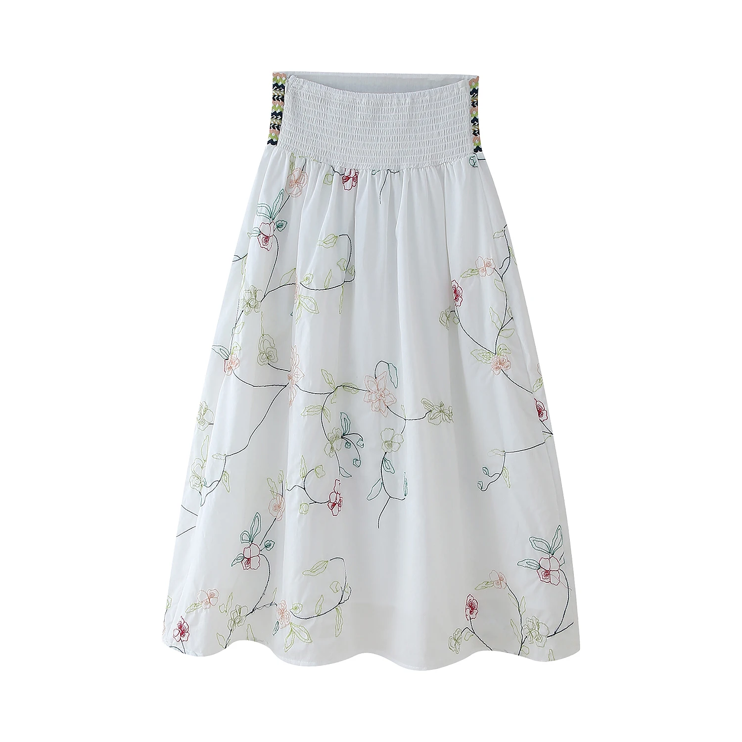 60’s Flower Motif Embroidery White Skirt Floral Embroidery Long Skirt, White Cotton Summer Skirt For