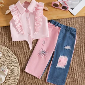 2026 Spring New Arrivals Children Wear High Quality Kids Clothes Ruffled Sleeve Shirt Ripped Jeans Two Piece Girl Clothing Sets