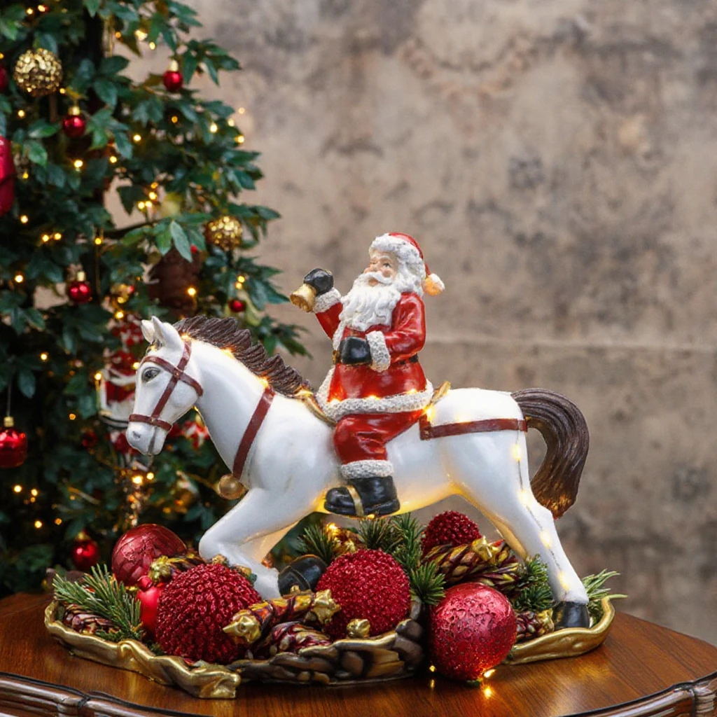 Led Light Hand Painting Craft Santa on Rocking Horse with Figurine Moving Resin Sculpture Battery Operated for Christmas Decor
