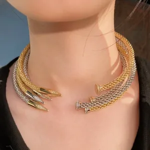 Creative Twisted Nail Choker Bracelet Geometric Nail Choker Unique Style Jewelry Set with Zircon Stones Brass Gold-color Plating