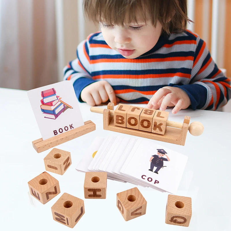 Movable Educational Kindergarten Toys Learning Spinning Alphabet Wooden Reading Blocks 2042