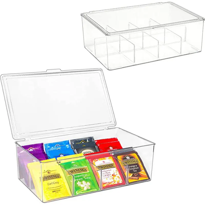 Small Tea Compartment 8-Compartment Clear Acrylic Tea Bag Storage & Organizer With Lid for ...