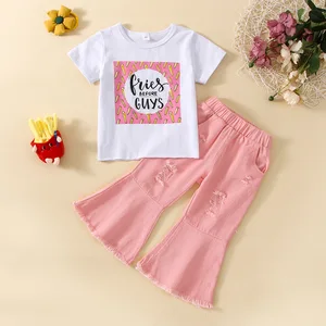New Girls' Casual Summer Fashion Set Cotton Top & Denim Bell Pants Printed Letters Comfortable Short Sleeves Clothes for Kids