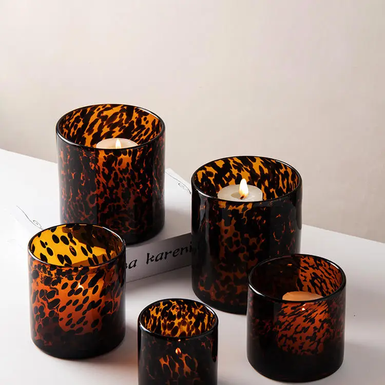 Hand Blown Cylinder Glass Candle Holder Colorful Brown Leopard Animal Print Tortoise Shell Glasses Design for Christmas Decor