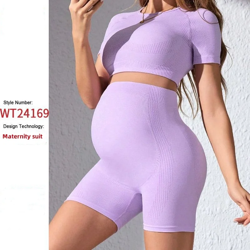 Soft maternity yoga sets back hollow out short sleeve cropped Tops and high waist skinny shorts maternity fitness workout Sets