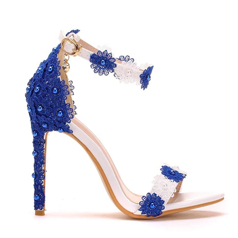 White And Blue Lace Ankle Strap Flower And Beaded Cover Heel Fish Mouth  Large Size Blet Buckle 11 Cm High Heel Women Sandals - Buy Sandal High  Heels Lace Sandals Designer Sandals