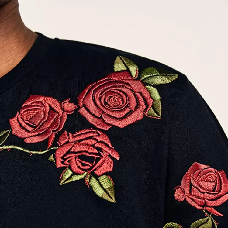 Custom Mens Long Sleeve Crewneck Visual Rose Embroidered Sweatshirt Cotton
