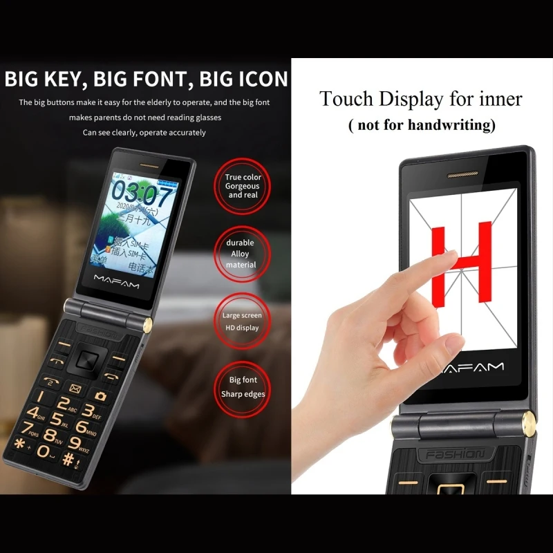 Mafam F10 Function Phone Dual-screen Flip Family Number Big Keys Elder Phone 5900mAh FM SOS GSM Dual SIM Senior Mobile Phone