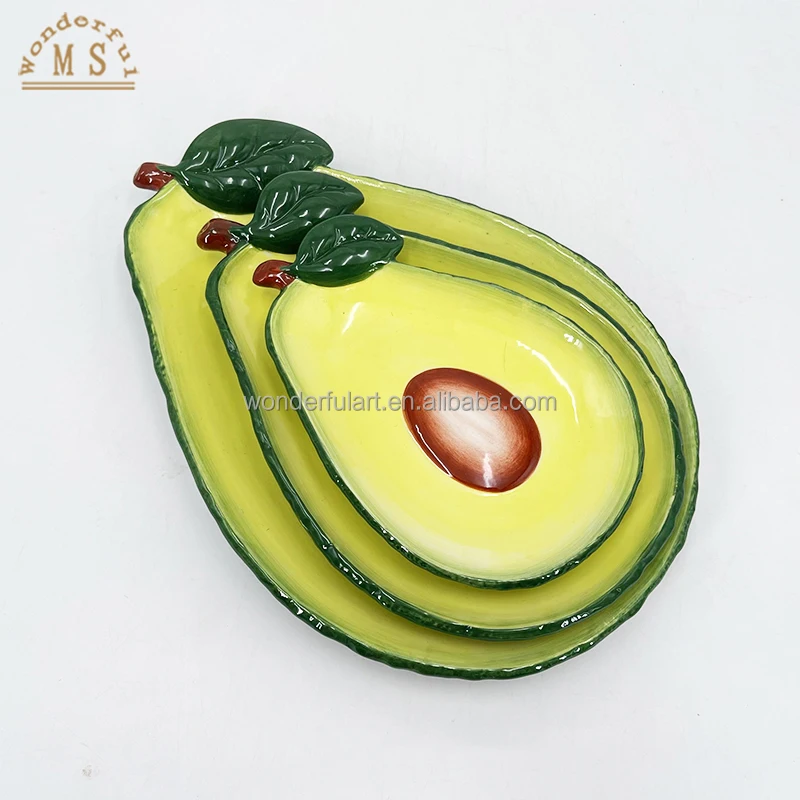 LFGB 3 Piece Creative Ceramic Plate Avocado Shaped Snack Plate Fruit Design Food Service Tableware Sets for Kitchen Decoration