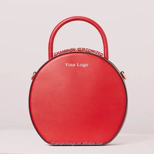 Custom Logo Red Smooth Leather Canteen Round Shape Satchel Bag Ladies Classic Crossbody Women Handbag Purse
