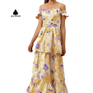 Custom Dress Manufacturer Elegant Summer Party Dresses Ruffle Sleeves Wide Strap Summer Floral Casual Maxi Dress Women