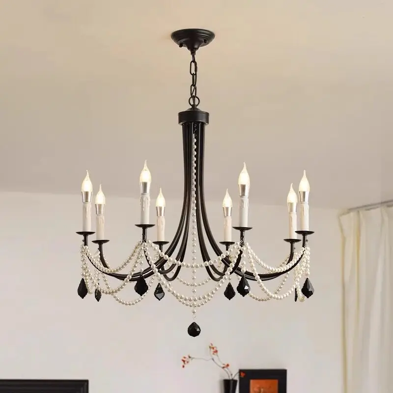 Französischer Retro-Mid-Century-Kronleuchter aus Eisen und Kristall mit Angelschnur-Design, LED-Beleuchtung, hochwertige Lampe für Wohnzimmer, Schlafzimmer und Esszimmer