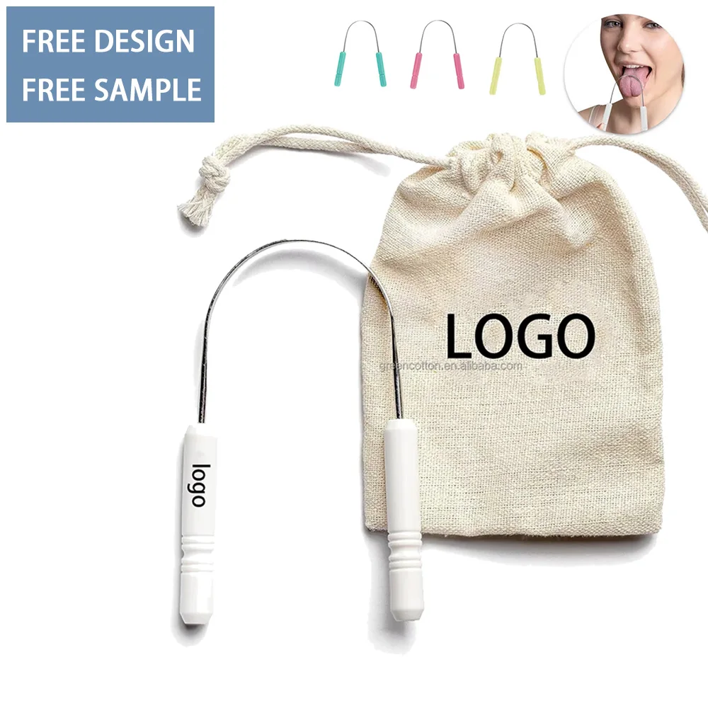 Custom Logo Tongue Scraper for Adults Kids With Case Stainless Steel Tongue Cleaner Linen Travel Pouch Scrubber to Remove Tongue