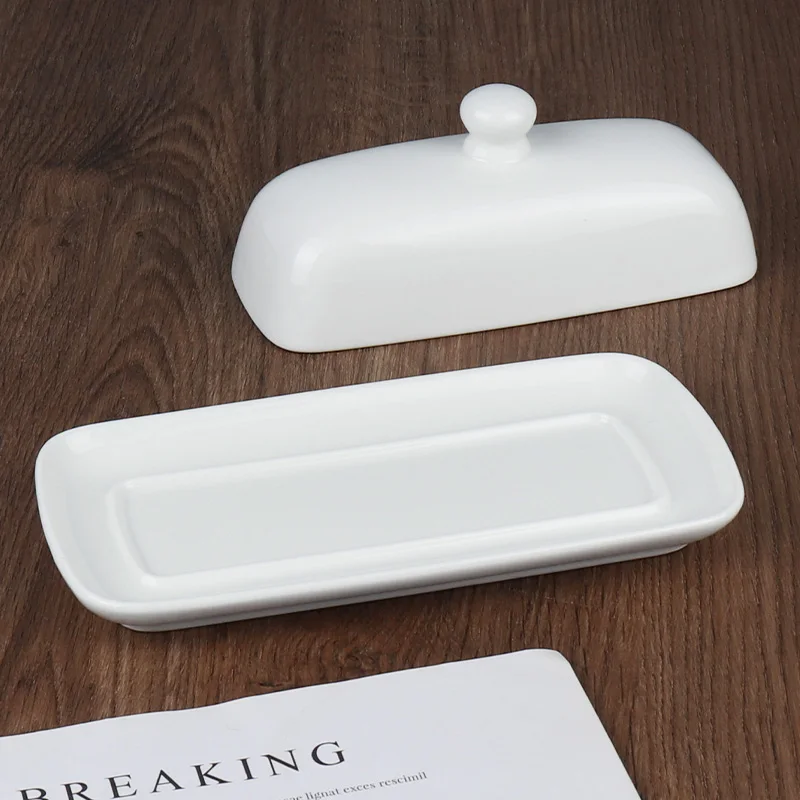 Custom Porcelain Cheese Butter Keeper Container Handle Cover Rectangular Ceramic Butter Dish With Lid