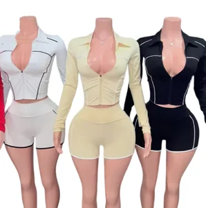 Viviblook Z918ST10 Women 2 Pieces Set Quick Drying Yoga Suit Long Sleeved Sports Top Zipper Jacket Shorts UV Protection Clothes