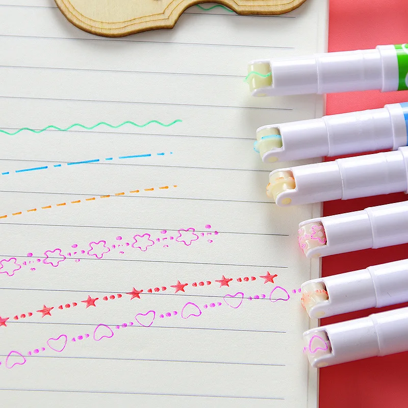 6 Color Curved Nib Pen Drawing Roller Marker Oblique School Use Set Permanent Stamp Roller Pen Marker Curve Line Painting Pen
