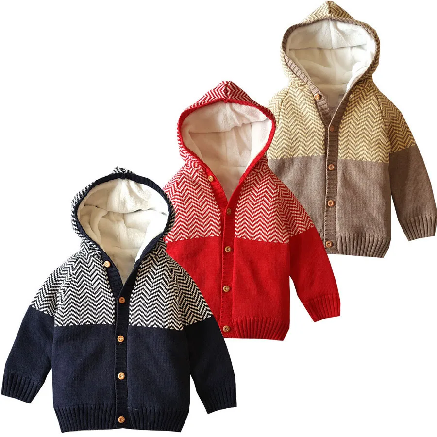 Boys and girls wear pure cotton thread plus velvet thickening children's knitted sweater cardigan jacket