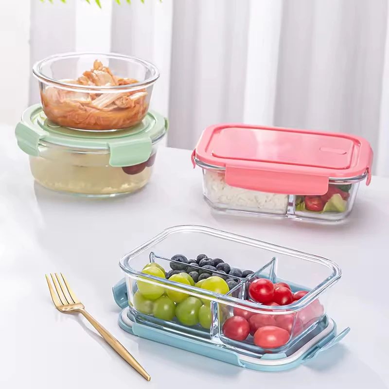 Wholesale 410ml 700ml 1040ml Airtight Glass Meal Prep Containers Plastic Lid Microwave Dishwasher Safe 3 Compartments Lunch Box