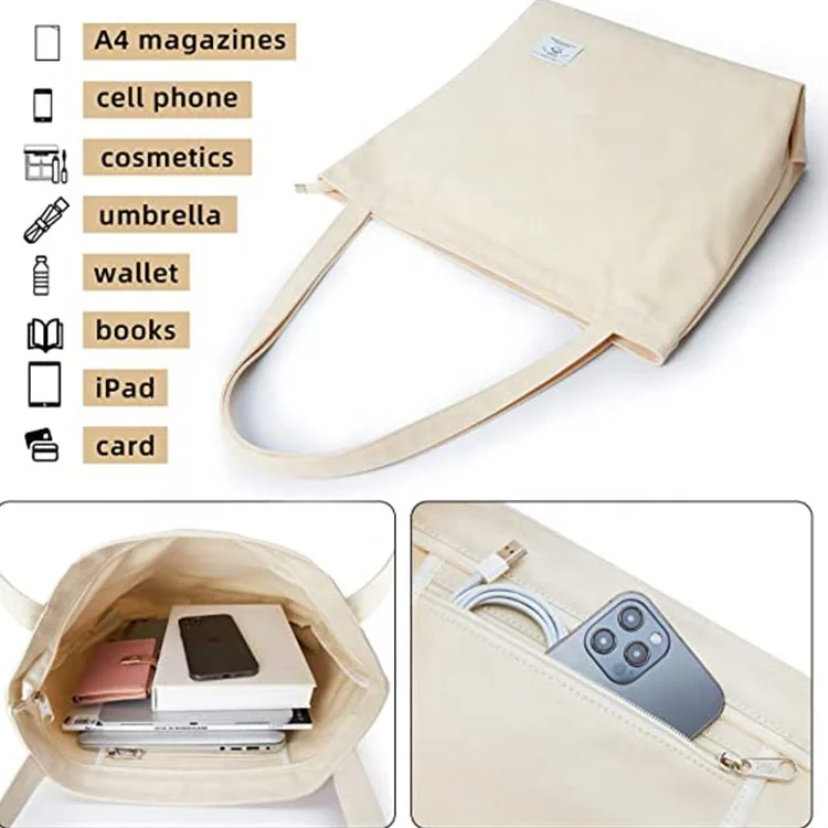 Custom Print Pocket and Zipper Cotton Large Shopping White Canvas Tote Bag