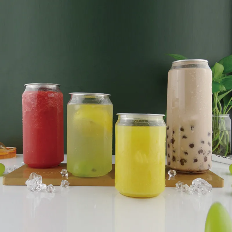 Custom 250ml 350ml PET Transparent Soft Drink Can Empty Plastic clear Soda Beverage Can With Easy Open Lid and Machines Sealer
