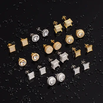Brass AAA Cubic Zircon Stud Earring Bling Iced Out Micro Full Paved Round Earring For Men Jewelry