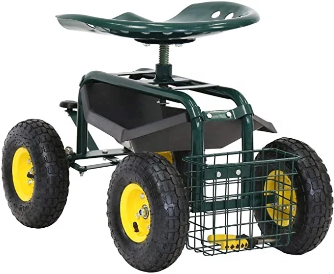 garden cart rolling work seat with wheels tool tray