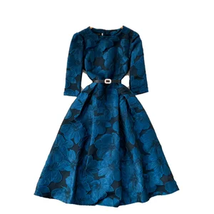 Women's Autumn Elegant Jacquard Pleated Flare A-Line Dress Mid-Sleeve Washable Breathable Natural Waist Backless Zipper