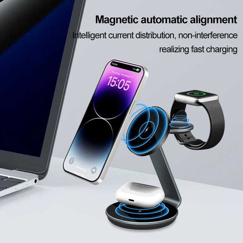 Portable 15W Multi Devices Fast Charging Station 3 in 1 Magnetic Mobile Phone Universal Wireless Charger